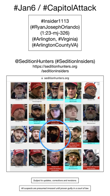 Photos of January 6th riot suspects who were observed inside the US Capitol Building, including Ryan Joseph Orlando (Arlington, Virginia).