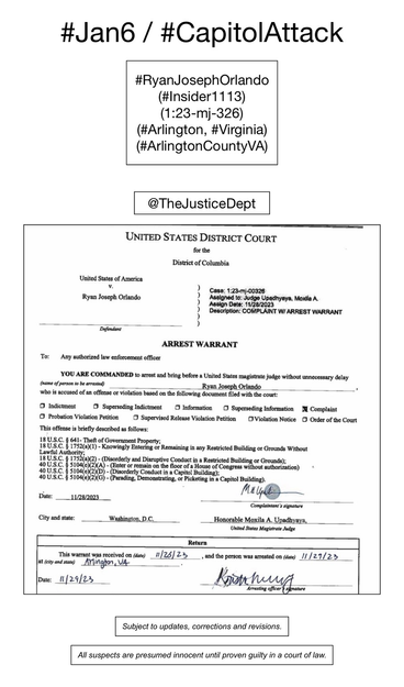 Screenshot of arrest warrant for January 6th riot suspect Ryan Joseph Orlando (Arlington, Virginia).