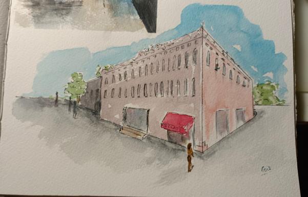 Edificio dipinto ad acquerello (studio di prospettiva).