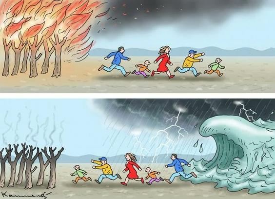 A family running from a forest fire, then running back toward the burnt out trees being chased by a store with huge waves chasing them.