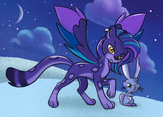 Allura (she is a purple leopard big cat with wings and yellow eyes) the new My Little Pony G5 villain is looking menacing while standing next to her evil bunny companion (a purple yellow eyed bunny rabbit with one ear has a bite mark). They are both standing in the snow and it is night time.