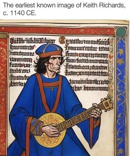 Ein Bildnis eines mittelalterlich gekleideten Mannes, der eine frappierende Ähnlichkeit mit Keith Richards aufweist.