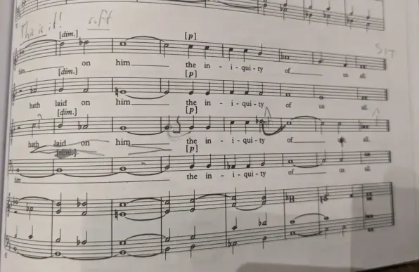 Choral sheet music with underlined note "This is it"