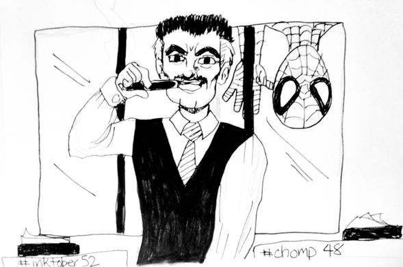 Drawing of J Jonah Jameson chomping on his cigar while Spider-Man peeps in the window behind him.