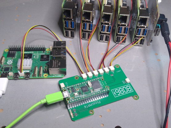 A PicoUART6 with UART cables connected to 6 Raspberry Pi 5 UART ports.