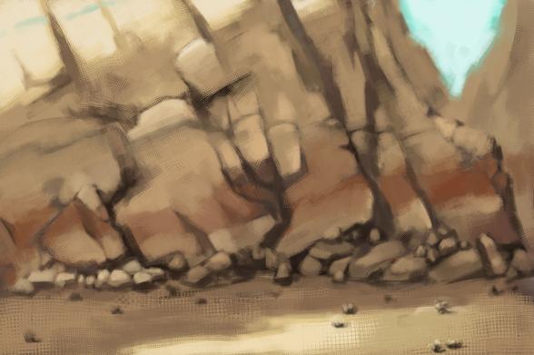 Digital landscape painting of mountain rising from a barren landscape, showing stratification of layers