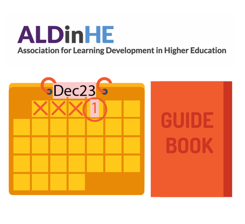 an illustration of a December 2023 wall calendar and a picture of a guide book