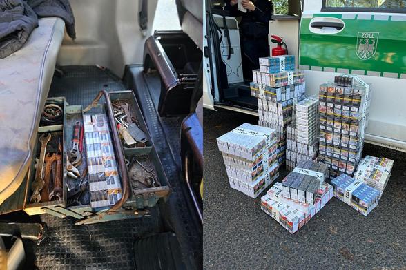 Collage:
Linkes Bild: Versteckt in einem Werkzeugkasten sieht man mehrere Stangen Zigaretten.
Rechtes Bild: Vor einem Büromobil des Zoll stehen Stapel mit sichergestellten Zigarettenstangen