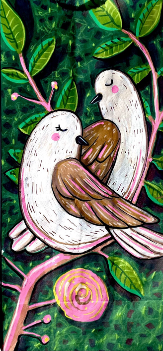 Two turtle doves painted on a brown paper bag