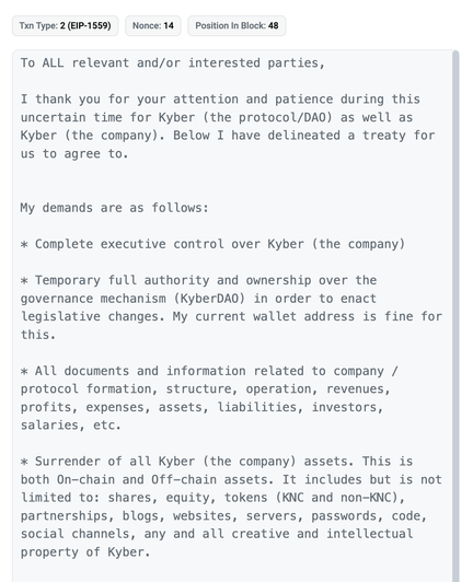 This is my best offer. This is my only offer.
I require my demands to be met by December 10, otherwise, the treaty falls through.

Additionally, should I be contacted by agents from any of the 206 sovereignties, concerning the trades I placed on Kyber, the treaty falls through. In this case, rebates will total to exactly 0.

Kyber is one of the original and longest-running DeFi protocols. No one wants to see it go under.

To assist with this transition of leadership, I may be contacted on telegram: @Kyber_Director

Thank you.

- Kyber Director