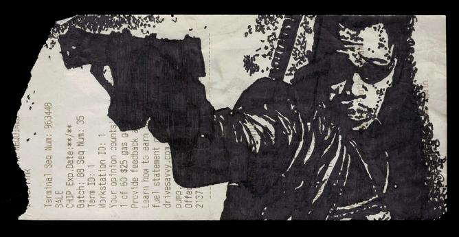 Pen drawing of Wesley Snipes in afrofuturist clothing holding a gun drawn on a receipt.
