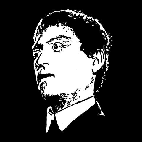 Pen drawing of a zombie-like man staring blankly drawn on a black background.