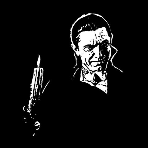 Pen drawing of Bela Lugosi holding a candelabra and smiling in a cape drawn on a black background.