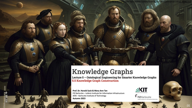 Slide from the free OpenHPI MOOC "Knowledge Graphs - Foundations and Applications", Week 5: Ontological Engineering for Smarter Knowledge Graphs, 5.5: Knowledge Graph Construction. Background image created by AI. Prompt: “On this hyperrealistic scifi movie poster we see the scenery of Hans Holbein the Younger's famous painting "The Ambassadors" set into a retro futuristic environment on planet Mars showing countless small strange artifacts belonging to the ambassadors including a large distorted skull..”,  created via ArtBot, Deliberate, 2023, [CC-BY-4.0], https://tinybots.net/artbot