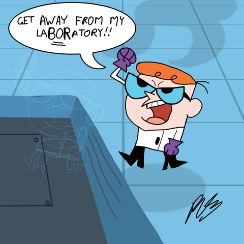 Dexter, boy genius, demands that his sister Dee Dee vacate the premises.