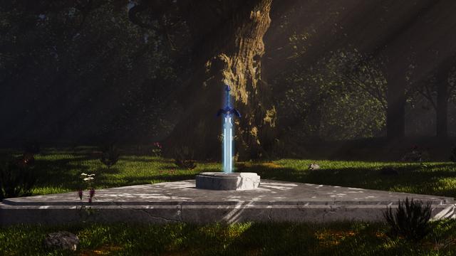A sword, resting atop of pedestal, standing straight in a forest as gentle sun cast its streaks of light