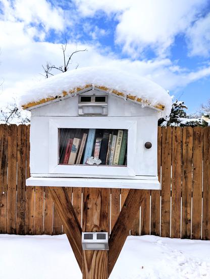 A small wooden box with a slanted roof on a post is filled with books which can be seen through a window in the front door. The roof is heavy with snow. The white box, the snowy ground and the mottled cloudy blue and white sky contrast against the dark backdrop of the wooden fence.