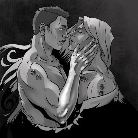 black and white drawing of Ferrus and Fulgrim. Ferrus is holding Fulgrim's face  gently with his right hand.