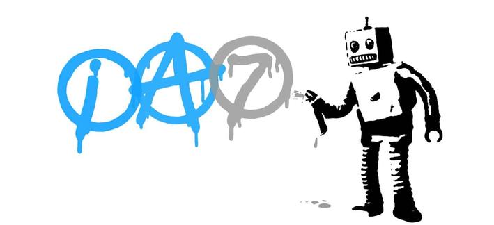 Banner von iA Writer mit einem Graffiti-sprühenden Roboter und dem Schriftzug „iA 7“. Foto (c) Information Architects.