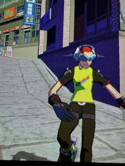 A game character in cell shading style dancing in an urban area.