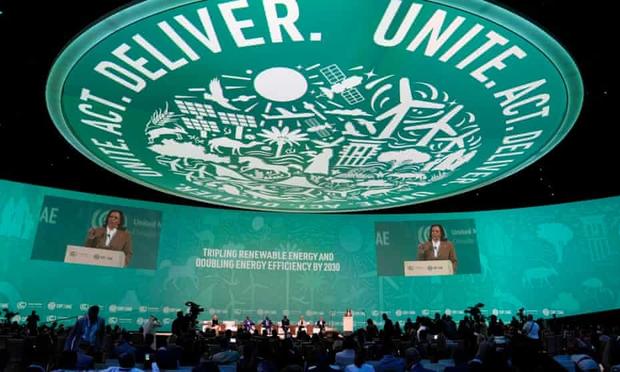 Kamala Harris speaking at the Cop28 summit on Saturday. Photograph: Kamran Jebreili/AP