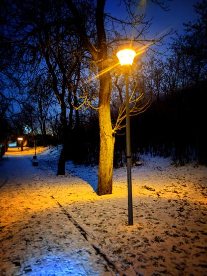 Zaśnieżona alejka w parku o zmierzchu. Nieco na prawo od centrum zdjęcia paląca się latarnia.