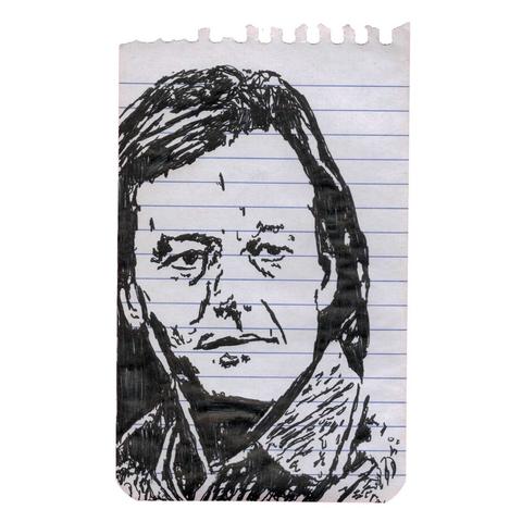 Pen drawing of Peter Fonda with long hair looking calm drawn on a torn-out spiral notebook page.