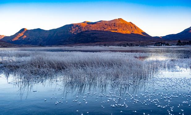 Frozen loch and grasses.