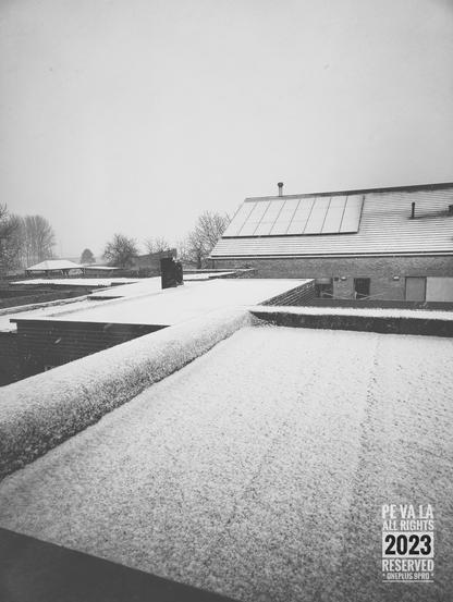 Zwart-wit foto van een dunne sneeuwlaag die zich heeft afgelegd over verschillende daken.
De lucht is wit, door de nog vallende sneeuwvlokken.