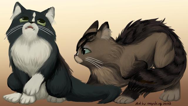 two chibi cute cats, one is black with white fur, rolling his eyes at his brother, a brown cat, playfully ready to jump at him.