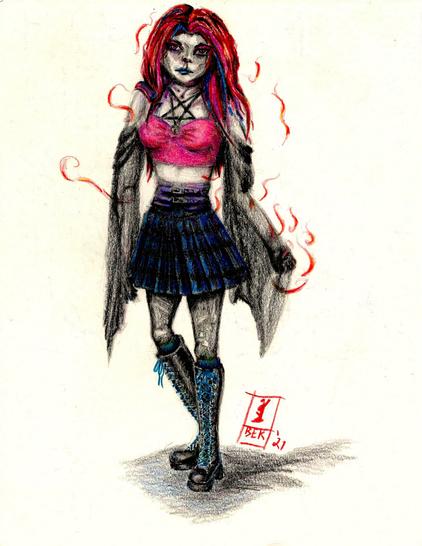 Colored pencil drawing of young woman with bright red hair and bi pride flag colored streaks. Pink and purple eyeshadow, blue lipstick. Hot pink crop top with black pentagram ribbon straps, purple doublewide cinch belt, blue plaid miniskirt. Sheer black ripped tights and over-wide sheer off-shoulder sleeves. Knee-high black combat boots with blue laces and socks. Yes she's probably killed a cop. Scarlet supernatural wisps surround her, especially focused around her fist.