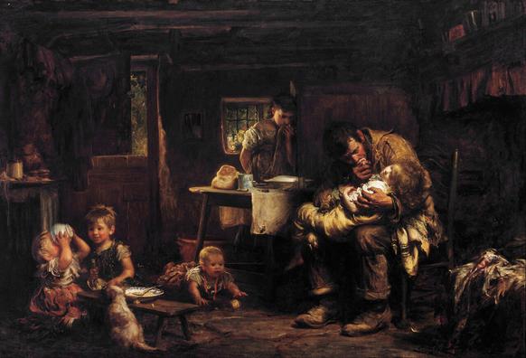 New widower in poverty surroundings holding a sick child with several other children about him Victorian art