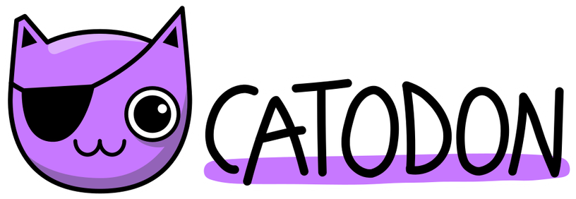 Catodon logo. A purple cat with an eyepatch and a slightly cut ear - battle scars, without doubt. The word Catodon is written next to it.