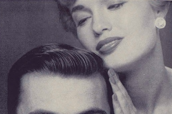 1961 A woman touching a man's hair

The image captures an intimate moment between a man and a woman, with the woman gently running her fingers through the man's hair.
The close-up shot reveals the fine details of their faces, highlighting their distinct features such as their expressive eyebrows, luscious lips, prominent foreheads, and chiseled jaws.
The woman's eyelashes are also noticeably lush, adding a touch of allure to her appearance.
The man's hairstyle is neatly done, perfect for her to play with.
This indoor portrait has a timeless appeal, presented in a classic black and white format.
The fashion element is subtle yet palpable, adding an extra dimension to the image.

#photography #illustration #madman #nocontext #sfw #humanface #person #portrait #eyebrow #lip #hairstyle #eyelash #forehead #jaw #cheek #indoor #woman #blackandwhite #fashion 

https://nocontext.loener.nl/fullpage/02-February1961-Page-003.png