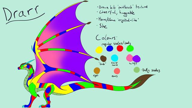 Low res reference sheet for Drarr, a bright and highly saturated art-inspired dragon.
