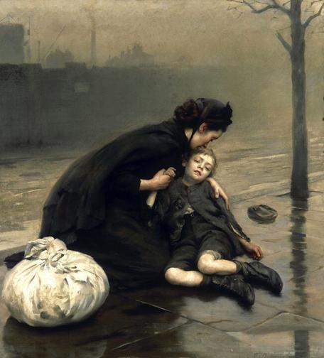 Homeless mother holds her collapsed child in her arms in a damp Victorian London scene