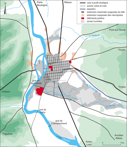 Fig. 1 – La ville antique de Sens/Agedincum dans son contexte naturel

La carte montre 5 voies à profil rectiligne qui s'éloignent d'Agendicum, ville dont l'extension maximale est assez proche e la taille actuelle, voire plus grande au Sud-Est.