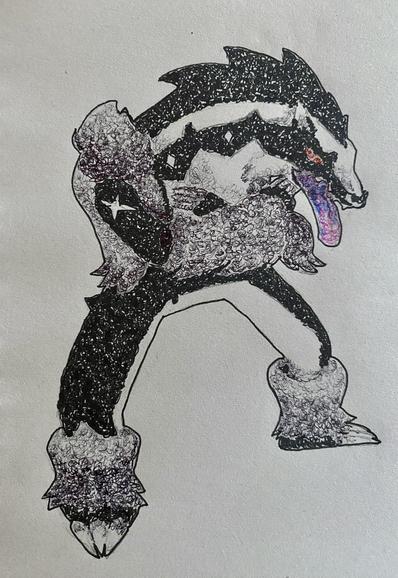 Pokemon Obstagoon relleno de colores a bolígrafo como si fueran galaxias.