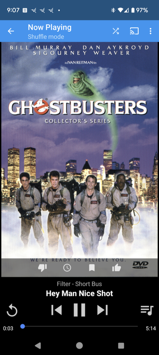 A screenshot of the Dsub client for Subsonic/Airsonic self hosted music streaming server. It is playing Filter - Hey Man Nice Shot, while showing the album cover for the Ghostbusters soundtrack.