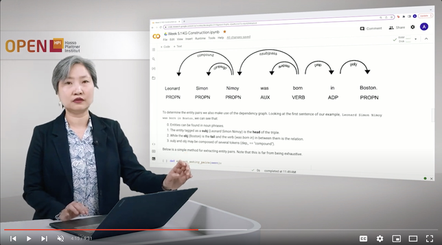 Still from the OpenHPI free MOOC lecture Knowledge Graphs - Foundations and Applications, Week 5 "Ontological Engineering for smarter Knowledge Graphs", Hands-On 5.1: NLP and Knowledge GRaph Construction.