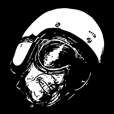 Pen drawing of a man wearing a motorcycle helmet and scowling drawn on a black background.