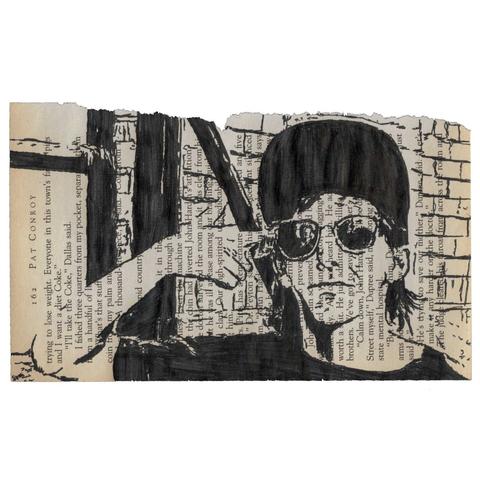 Pen drawing of a young woman wearing a hat with a flipped up bill and sunglasses pointing a finger gun at her head drawn on a torn-out book page.