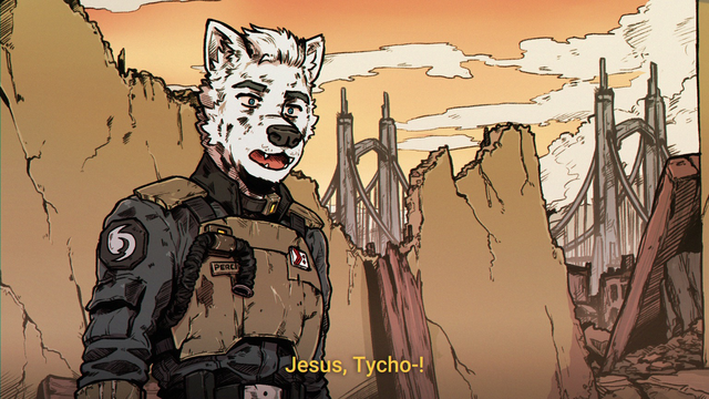 Anthro white dog in uniform and sci fi armor in a urban battlefield setting looks surprised at someone off-screen.