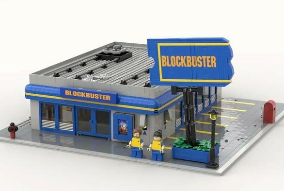 A model of a Blockbuster Video store made from Lego bricks