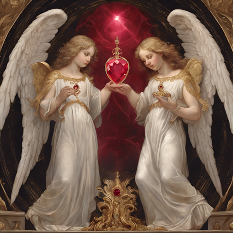 Prompt: Two angels holding one large ruby.  The rubies are carefully cut to reflect scenes from various eras.  Religious images, divine scenes, classical art, Aspect: square 1:1(1024:1024), Style: Digital Art, CFG_scale: 6, Sampler: ddim, Seed: 629271899(Generated at StableDiffusionXL)