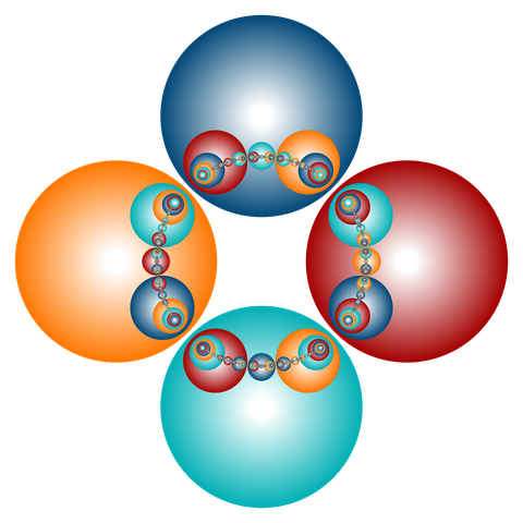 Four filled circles, blue, red, turquoise, and orange, are placed at the cardinal points. Each circle contains a projection of the 3 other circles. Each projected circle contains projections of the other circles.. and so on, in typical self-similar fractal fashion.