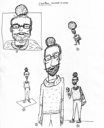 Pen drawings of a hipster with heavy square glasses, beard, waxed mustache, and a man bun.