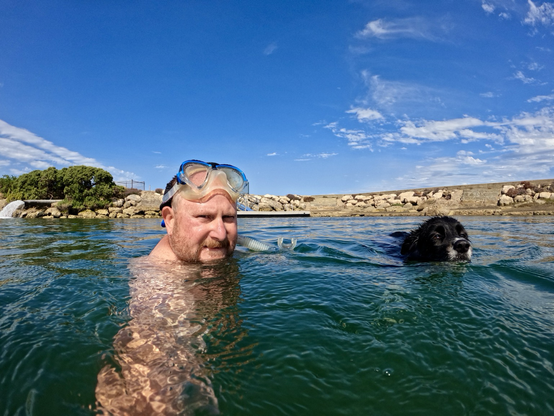 Man and dog swim together in blue green water.