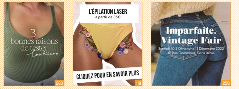 3 visuel de publicités avec des femmes fragmentées. a gauche : c&#039;est au niveau de la poitrine au milieu au niveau du sexe a droite on voit des fesses