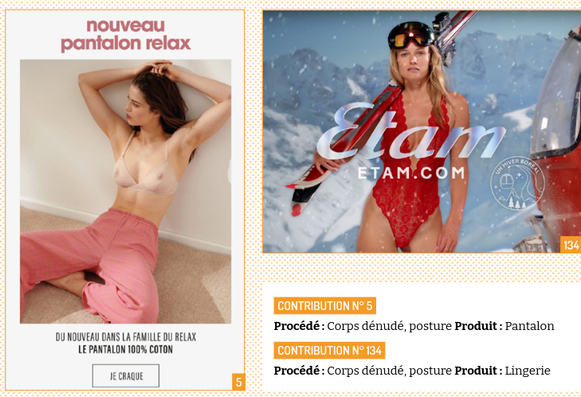 visuel montrant deux publicités. a gauche une femme en sous tiff transparent et avec un pantalon. a droite une femme dénudée avec des ski sur elle et dans un paysage enneigé...